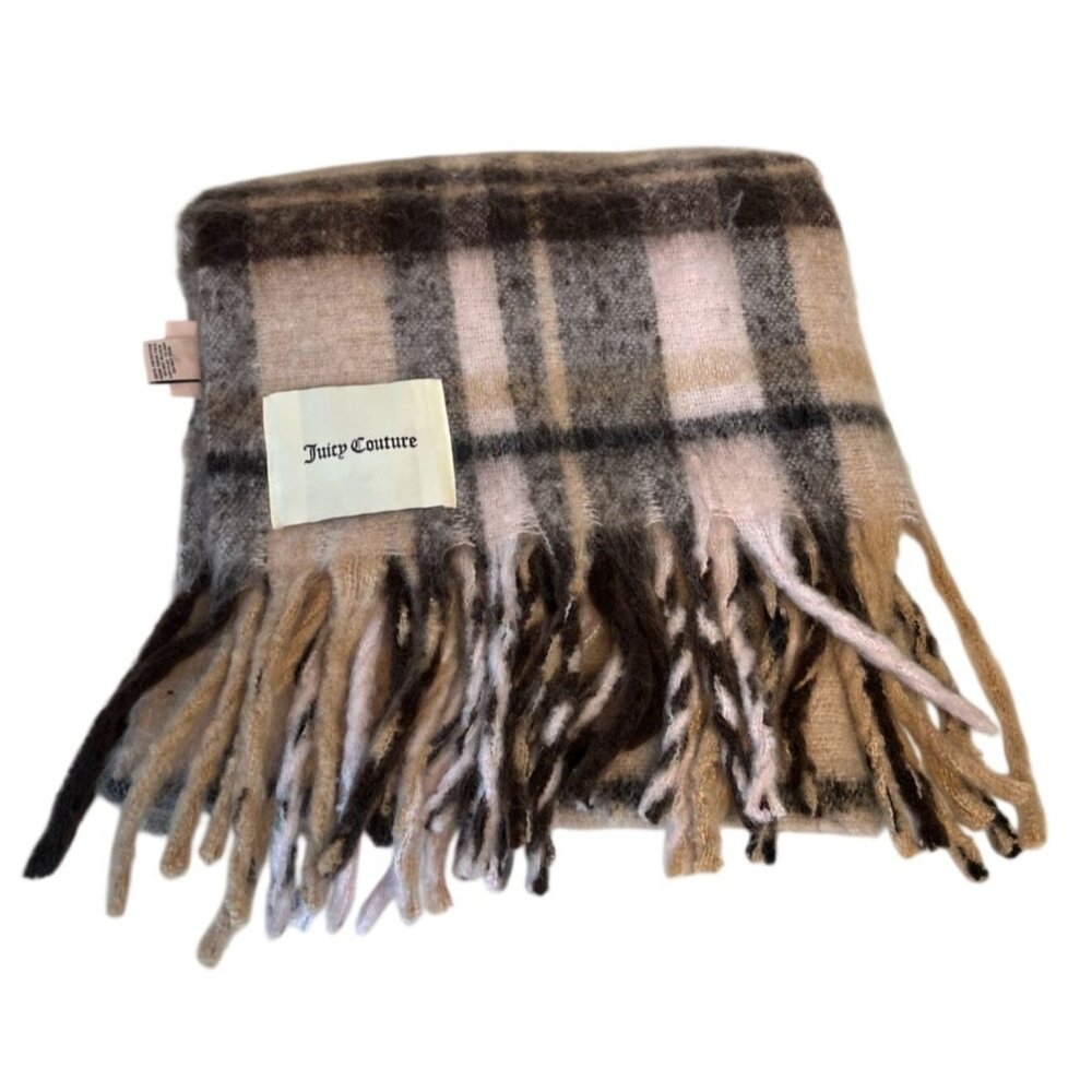 Juicy Couture Women’s Plaid Fringe Scarf 100% Polyester Brown Pink Tan